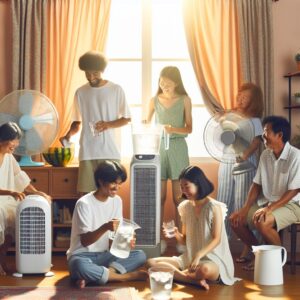 A family staying cool indoors during a heatwave, with fans running, and drinking water together, showcasing a bright summer day outside. Include elements like light clothing, curtains drawn to block sunlight, and a relaxed atmosphere.