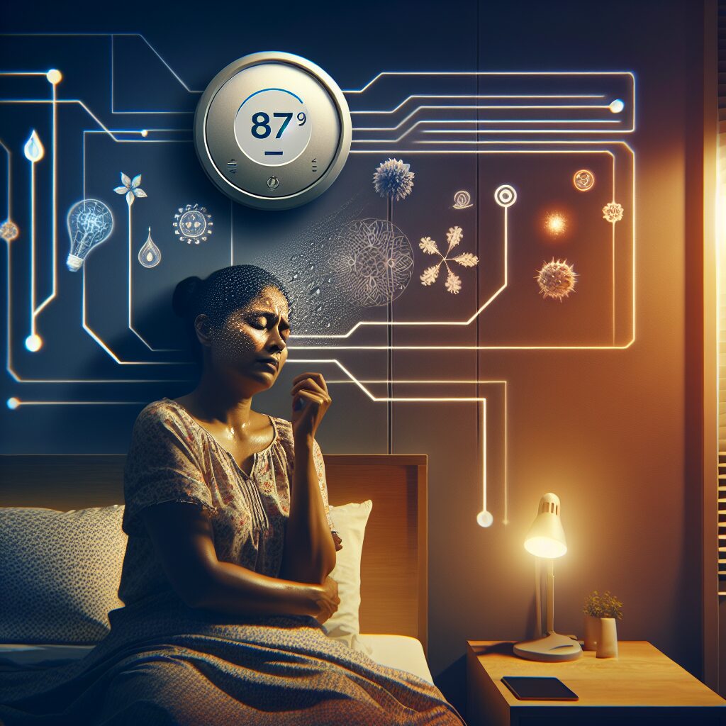 A peaceful bedroom setting where temperature is visibly high, with a focus on a person struggling to sleep, accompanied by visual elements representing rising temperatures and difficulty in breathing, soft ambient lighting.
