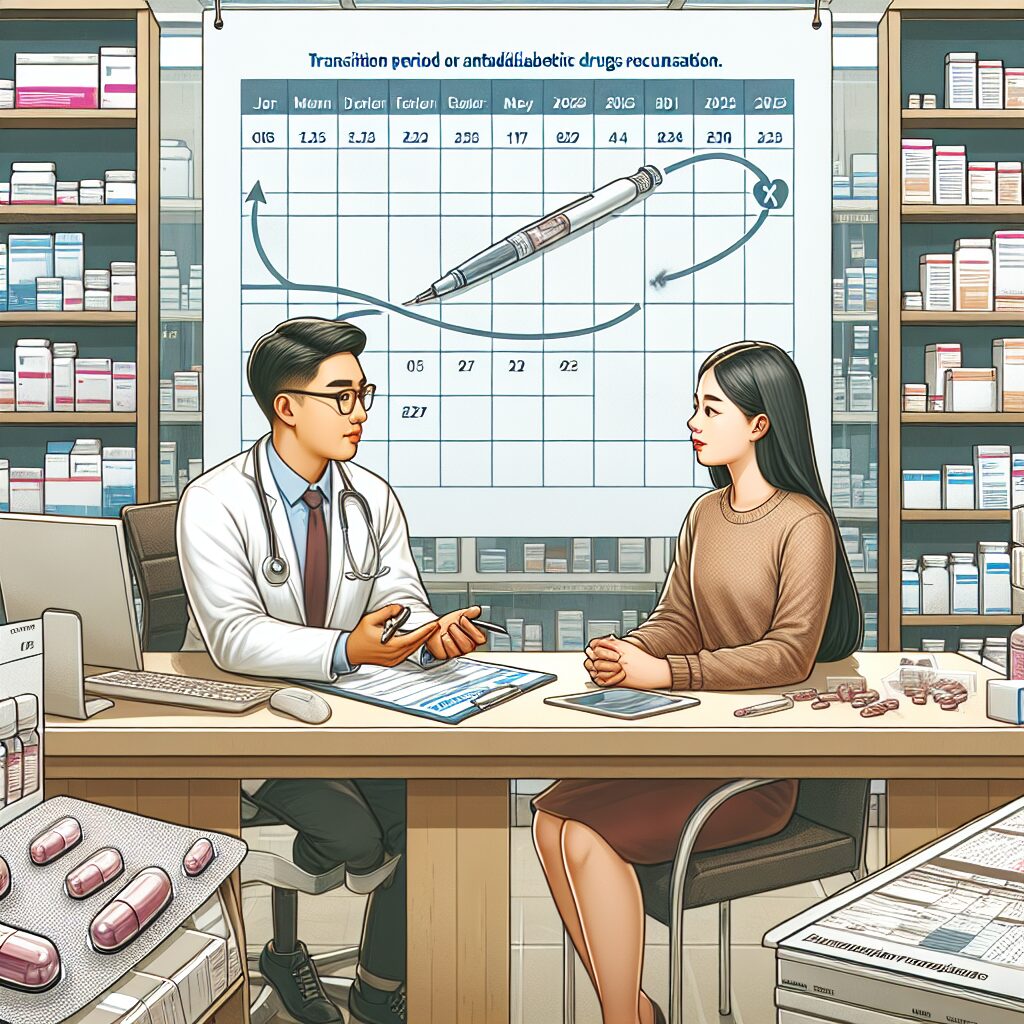 Illustration of a pharmacist and a patient discussing medication reimbursement, with medical documents and a calendar showing dates, representing the transition period for antidiabetic drugs reimbursement in 2025.