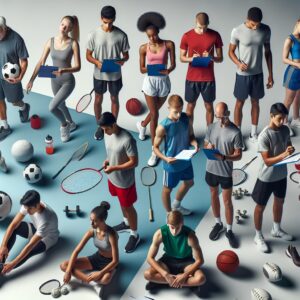 A group of diverse young athletes preparing for sports activities, with some holding sports equipment and others filling out forms, symbolizing the concept of sports registration without the need for a medical certificate.