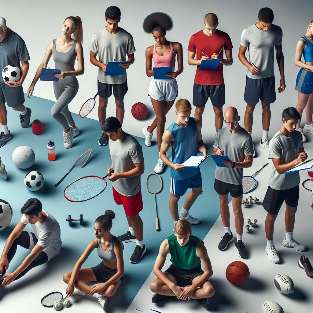 A group of diverse young athletes preparing for sports activities, with some holding sports equipment and others filling out forms, symbolizing the concept of sports registration without the need for a medical certificate.