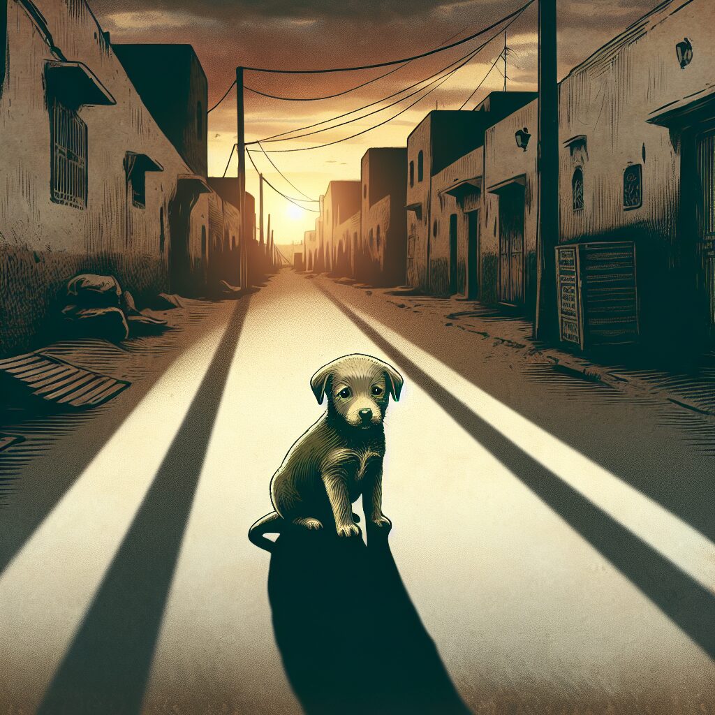 A somber scene depicting an abandoned street in Morocco with a small, stray puppy sitting innocently. The background has a sunset casting long shadows, conveying a sense of mystery and danger that lurks beneath the surface. The colours are muted with a focus on the puppy that is both endearing and foreboding.