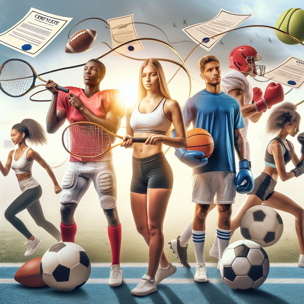 A diverse group of people engaging in various sports like tennis, football, and boxing, on a bright day, with papers of certificates subtly floating in the background to signify medical approval.