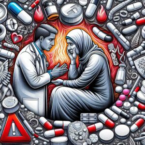 An illustration depicting the concept of addiction prevention with tramadol painkillers, incorporating elements like medication pills, warning signs, and a concerned patient discussing with a healthcare professional.
