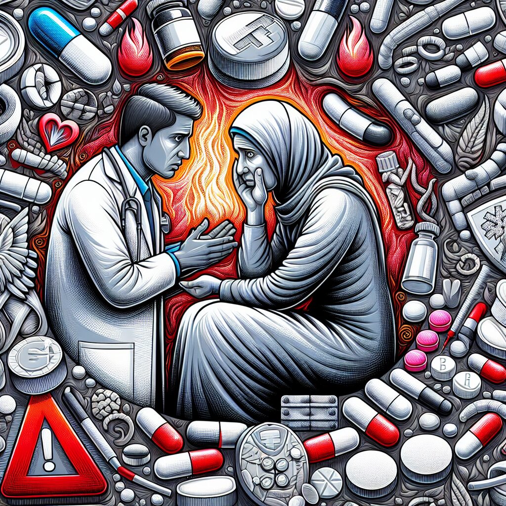 An illustration depicting the concept of addiction prevention with tramadol painkillers, incorporating elements like medication pills, warning signs, and a concerned patient discussing with a healthcare professional.