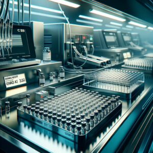 A detailed image of a laboratory setting with advanced DNA sequencing equipment, showcasing blood samples labelled "Gwada négatif". The atmosphere should be focused and scientific, with a hint of discovery.