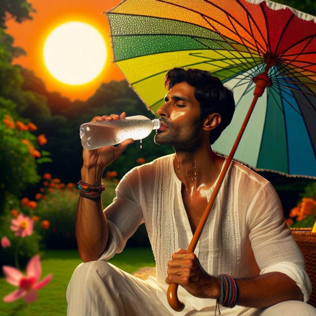 A person in a summery attire, sitting under a parasol in a garden, sipping water with a backdrop of intense sun, representing heatwave safety precautions.