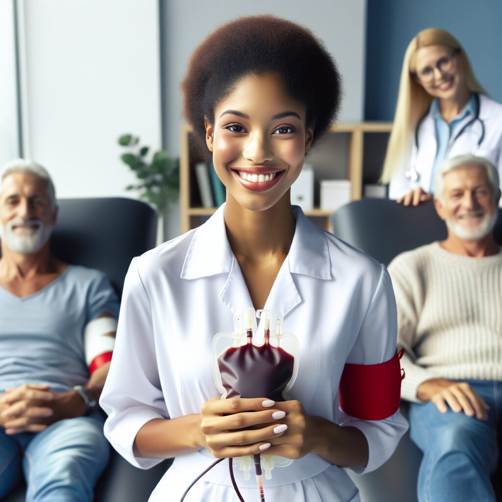 A compassionate nurse holding a blood donation bag, surrounded by diverse group of smiling donors in a bright, modern donation center. The atmosphere is welcoming and encouraging, emphasizing community and support.