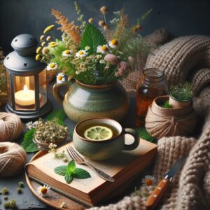 A herbal tea cup surrounded by fresh and dried herbs like chamomile and lemon balm, with a soft background of a cozy, comforting setting. The focus should be on peacefulness and natural wellness, ideal for illustrating natural remedies for menstrual pain relief.
