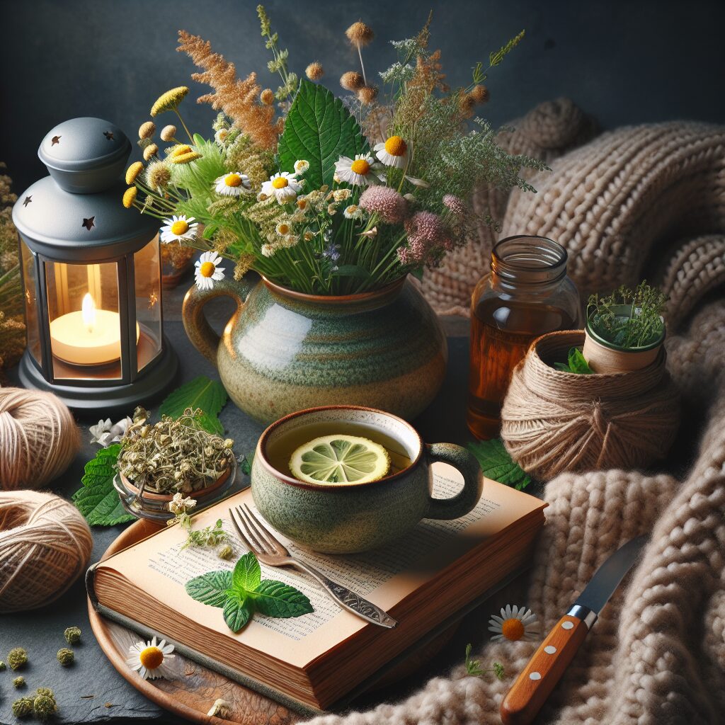 A herbal tea cup surrounded by fresh and dried herbs like chamomile and lemon balm, with a soft background of a cozy, comforting setting. The focus should be on peacefulness and natural wellness, ideal for illustrating natural remedies for menstrual pain relief.