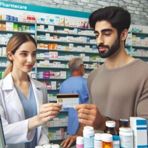 A person holding a French Carte Vitale in a pharmacy setting, with medicine shelves in the background and a pharmacist assisting a customer.