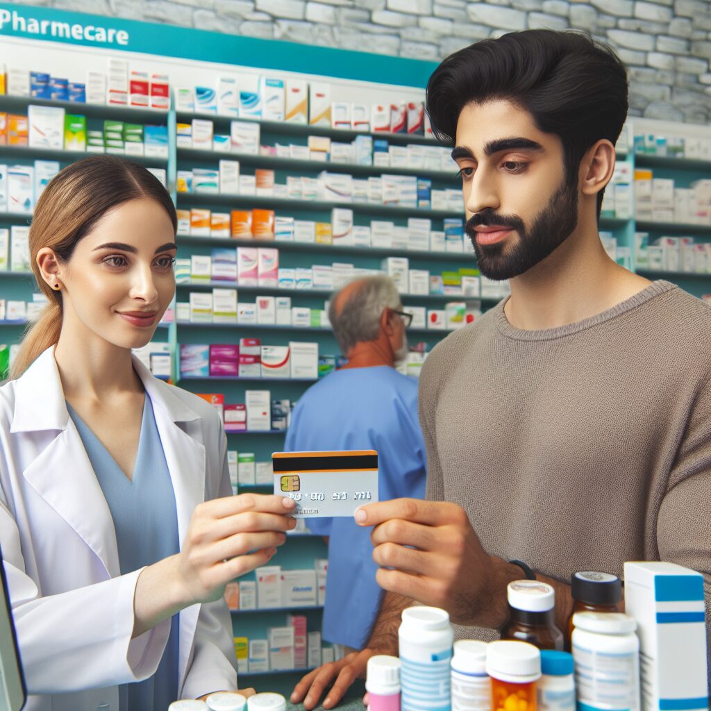 A person holding a French Carte Vitale in a pharmacy setting, with medicine shelves in the background and a pharmacist assisting a customer.