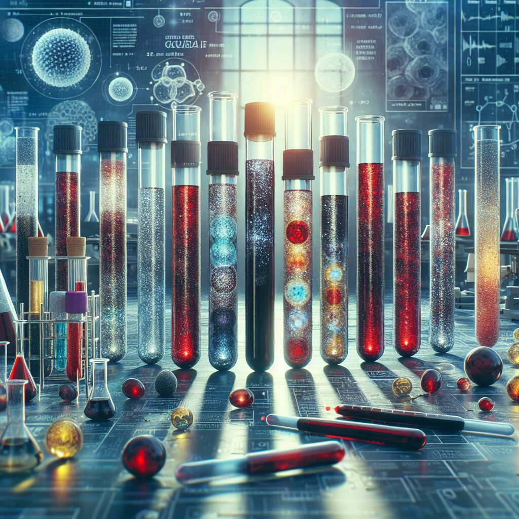 An artistic representation of diverse blood samples, with test tubes labeled as "Gwada Négatif", to illustrate the discovery of a unique blood type in a laboratory setting.