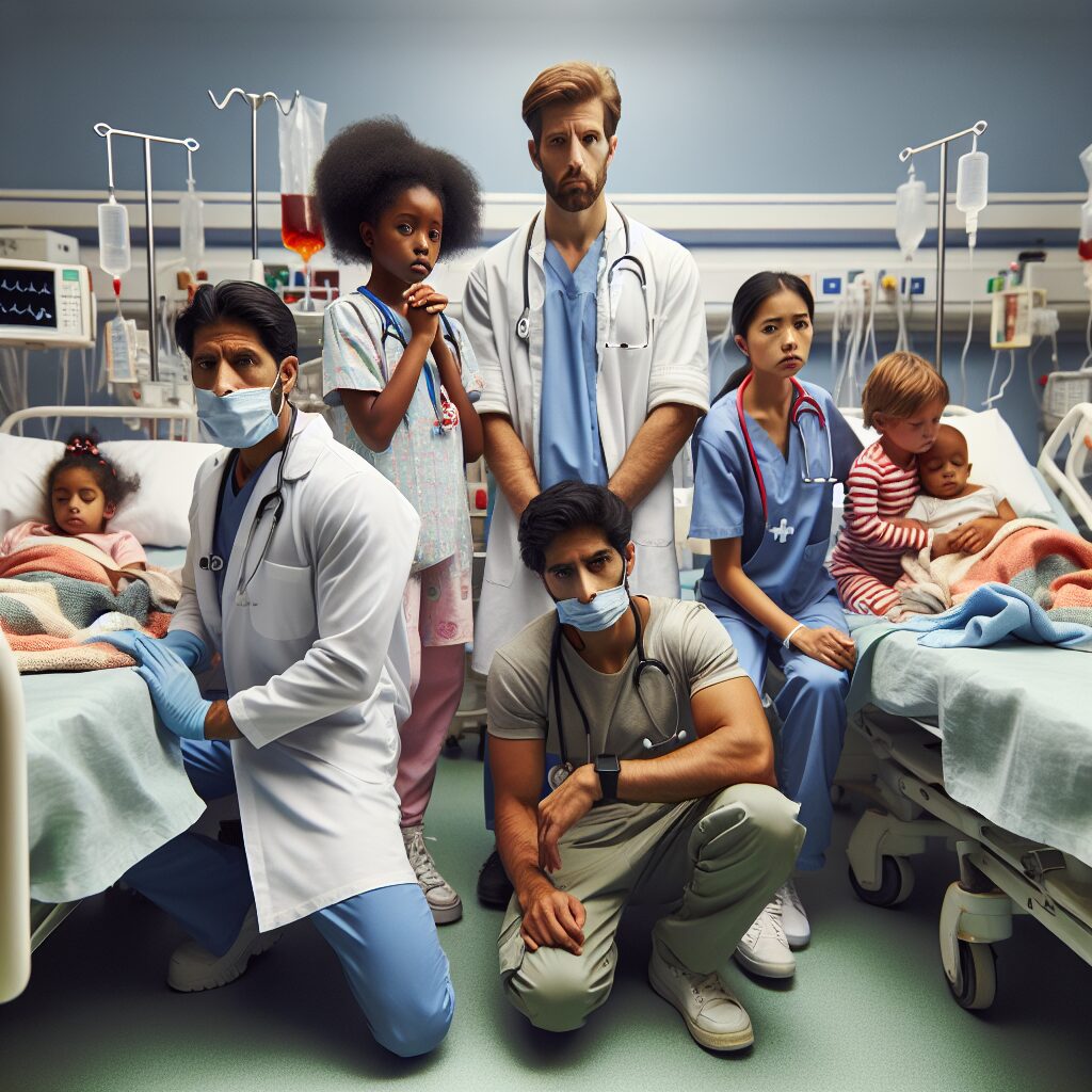 A hospital scene showing concerned medical staff attending to young patients in a pediatric ward, highlighting the seriousness and urgency of a food poisoning outbreak.