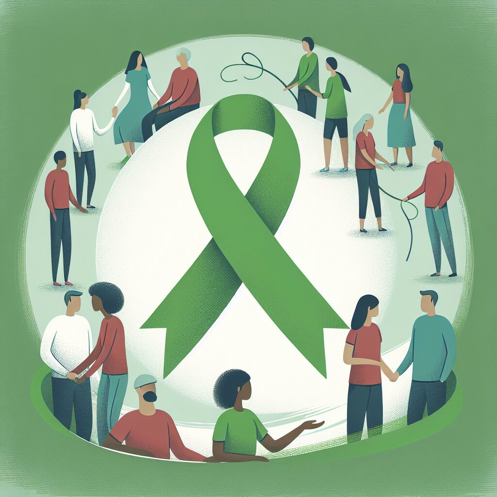 Une illustration représentant la solidarité et le don d'organes, montrant des personnes discutant et se tenant par la main, avec un ruban vert, symbole du don d'organes, en arrière-plan.