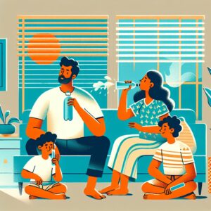 Illustration depicting a serene indoor scene during a hot summer day: a family staying cool indoors with closed blinds, using water spray to refresh, drinking water, and relaxing. Include elements that indicate a protective and refreshing atmosphere, with a warm color palette contrasting cool blue tones.