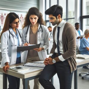 A group of diverse healthcare professionals, including a pediatrician, a psychiatrist, and a geriatrician, discussing patient charts in a modern medical office, surrounded by medical equipment and books, in a busy hospital environment.