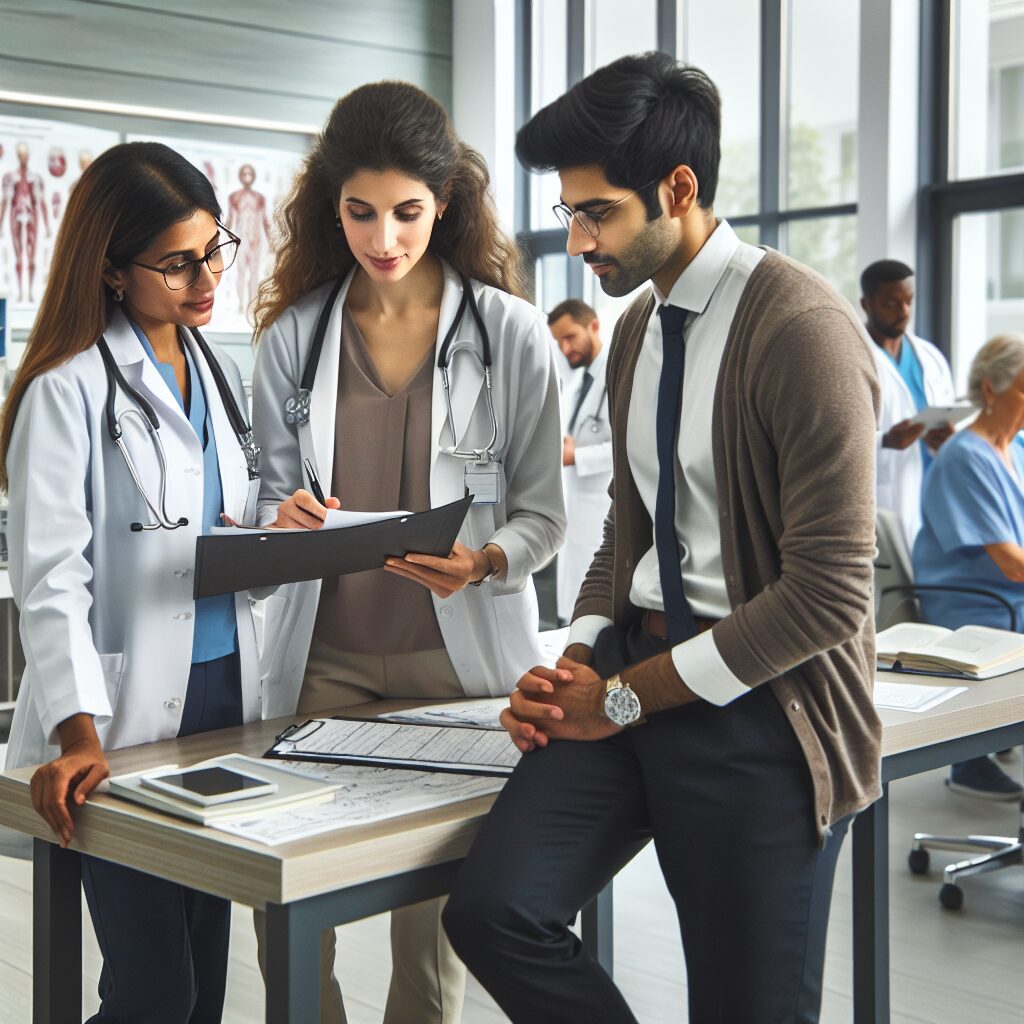 A group of diverse healthcare professionals, including a pediatrician, a psychiatrist, and a geriatrician, discussing patient charts in a modern medical office, surrounded by medical equipment and books, in a busy hospital environment.