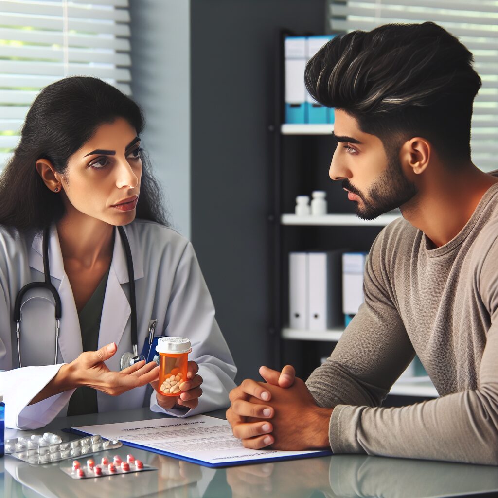 A healthcare professional discussing with a patient about medication safety and addiction risks, in a medical office setting, with focus on tramadol and opioid analgesics.