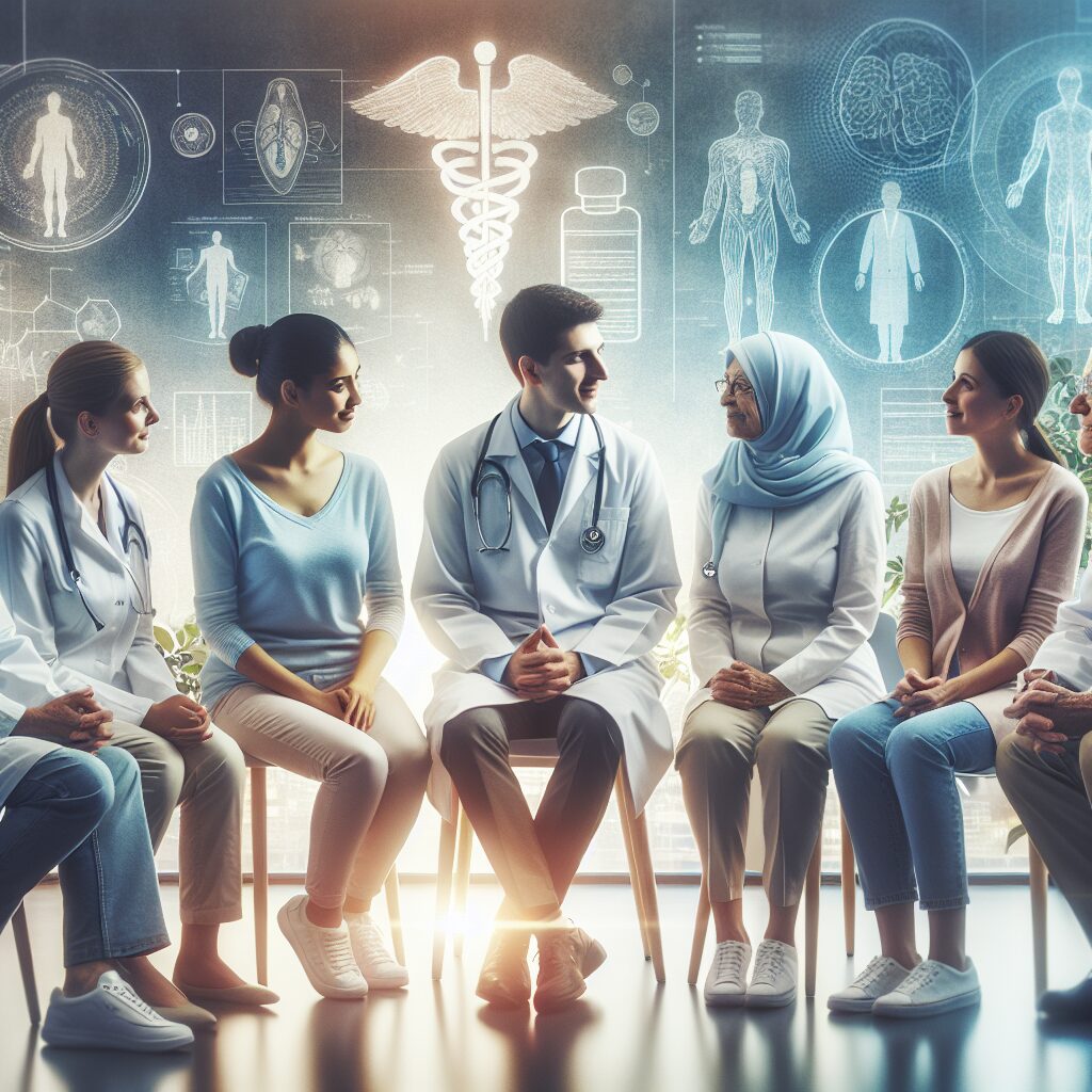 A group of medical specialists, including a pediatrician, psychiatrist, and geriatrician, consulting with patients in a modern medical office. The background shows medical charts and equipment, symbolizing the professional service environment. Bright lighting and a welcoming atmosphere reflect the patient care enhancement theme.