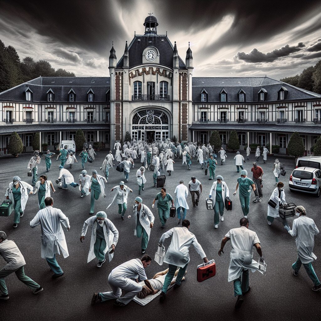 A somber and investigative scene at a hospital entrance, depicting the urgency and seriousness of a health crisis due to food poisoning in Aisne, France.