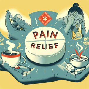 A detailed illustration of Tramadol pills with a red warning sign symbolizing addiction risk, alongside alternative pain relief methods like a hot tea cup and a head massage. The background should convey a sense of caution but also relief.