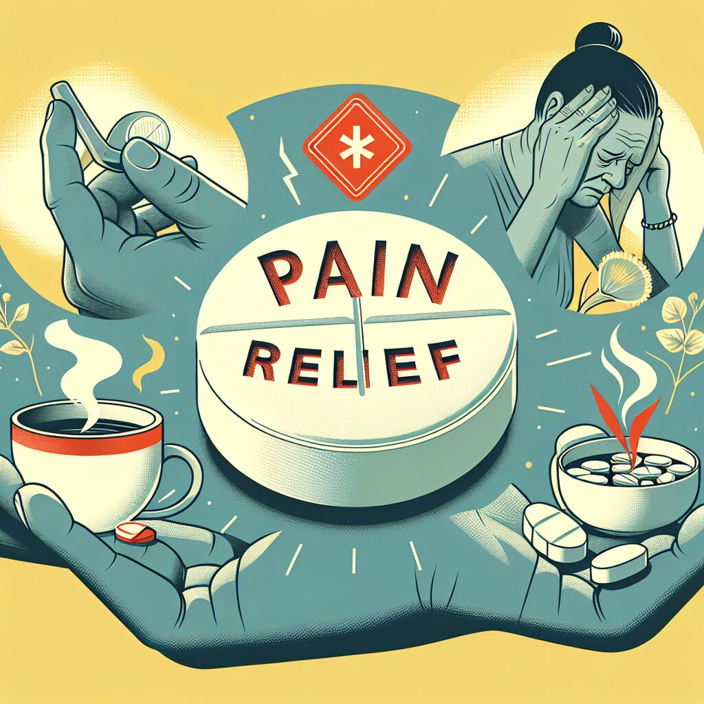 A detailed illustration of Tramadol pills with a red warning sign symbolizing addiction risk, alongside alternative pain relief methods like a hot tea cup and a head massage. The background should convey a sense of caution but also relief.