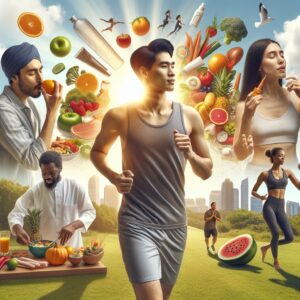 A diverse group of young adults engaging in healthy activities like jogging, preparing balanced meals, and applying sunscreen, symbolizing cancer prevention and healthy living. The scene is vibrant and positive, showcasing a sunny day in a park.