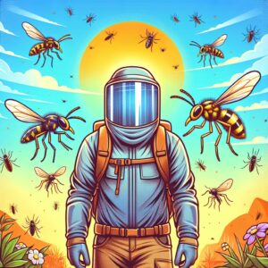Illustration d'une scène estivale avec des moustiques, des guêpes et un randonneur protégé par des vêtements couvrants, sous un ciel ensoleillé et coloré.