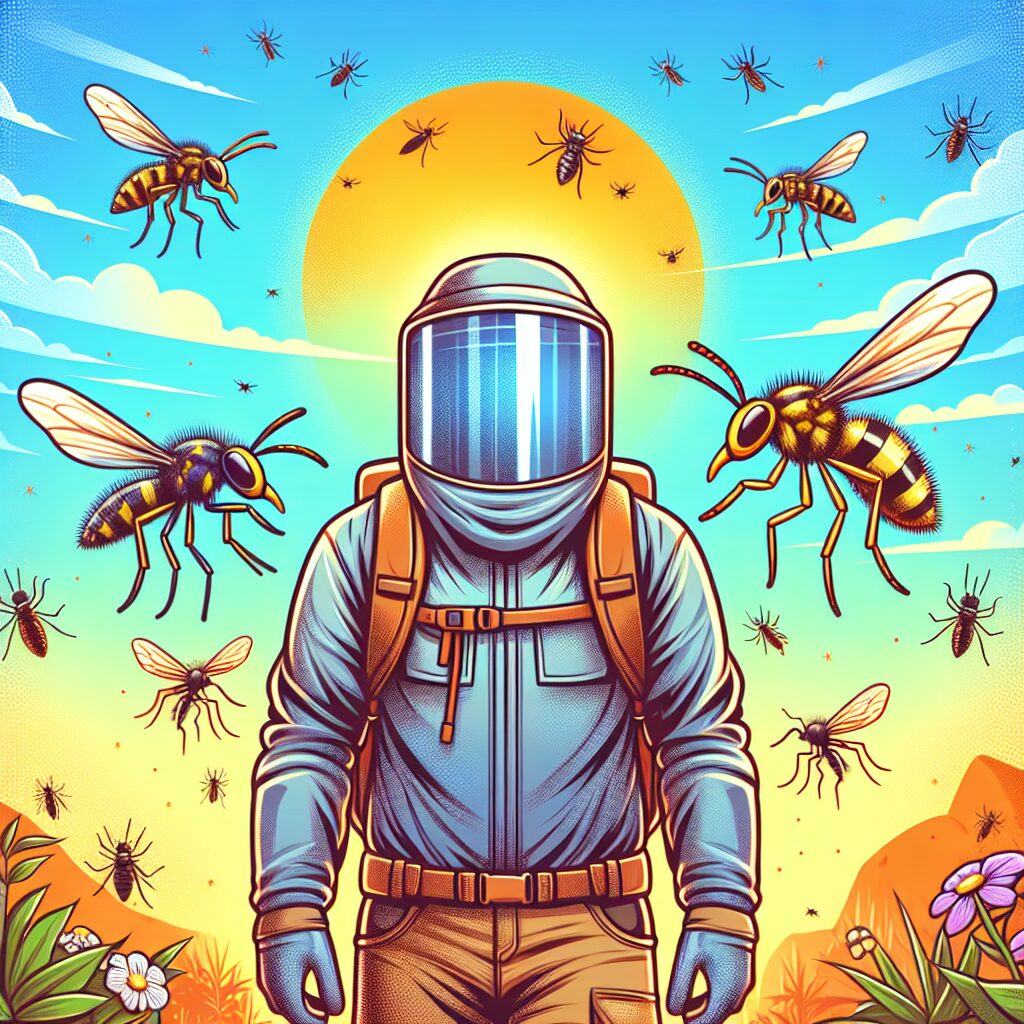 Illustration d'une scène estivale avec des moustiques, des guêpes et un randonneur protégé par des vêtements couvrants, sous un ciel ensoleillé et coloré.