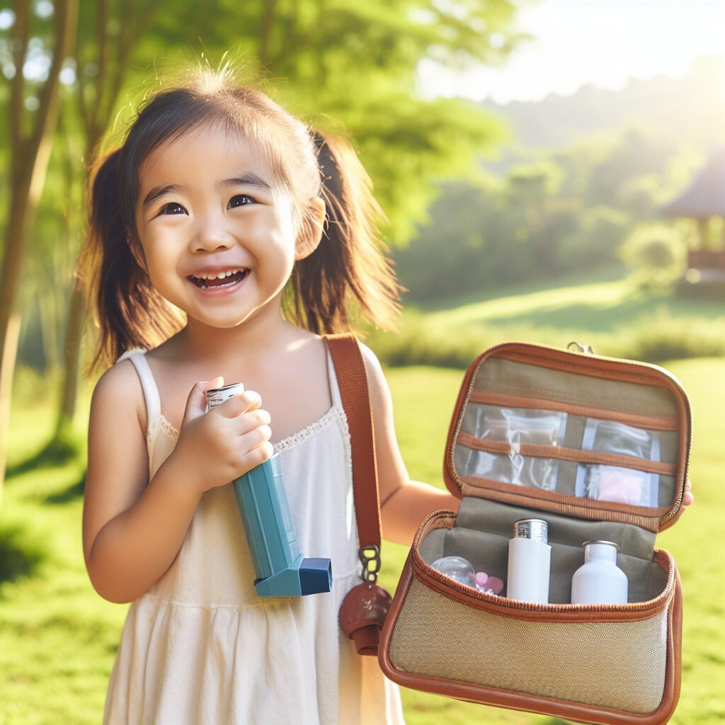 A child enjoying a sunny summer vacation, carrying a small bag with inhaler and medication visible, in a serene natural setting, symbolizing the importance of maintaining asthma treatment during holidays.