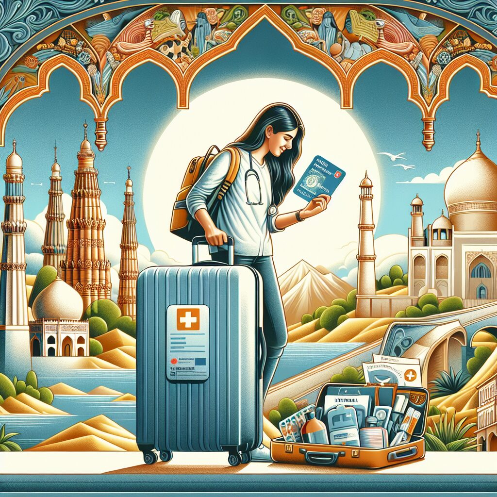 A vibrant and detailed illustration of a traveler preparing for a trip abroad, with a suitcase and health-related items like a medical kit, European Health Insurance Card, and travel documents, against a backdrop of iconic landmarks of Europe.