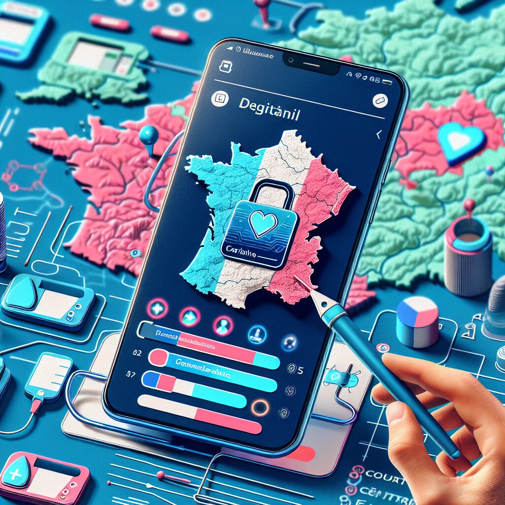 A smartphone displaying a digital healthcare card app interface in French, set against a map of France highlighting regions like Bretagne and Centre-Val-de-Loire. The design should convey technology and health integration, with vibrant colors representing modernity and accessibility.