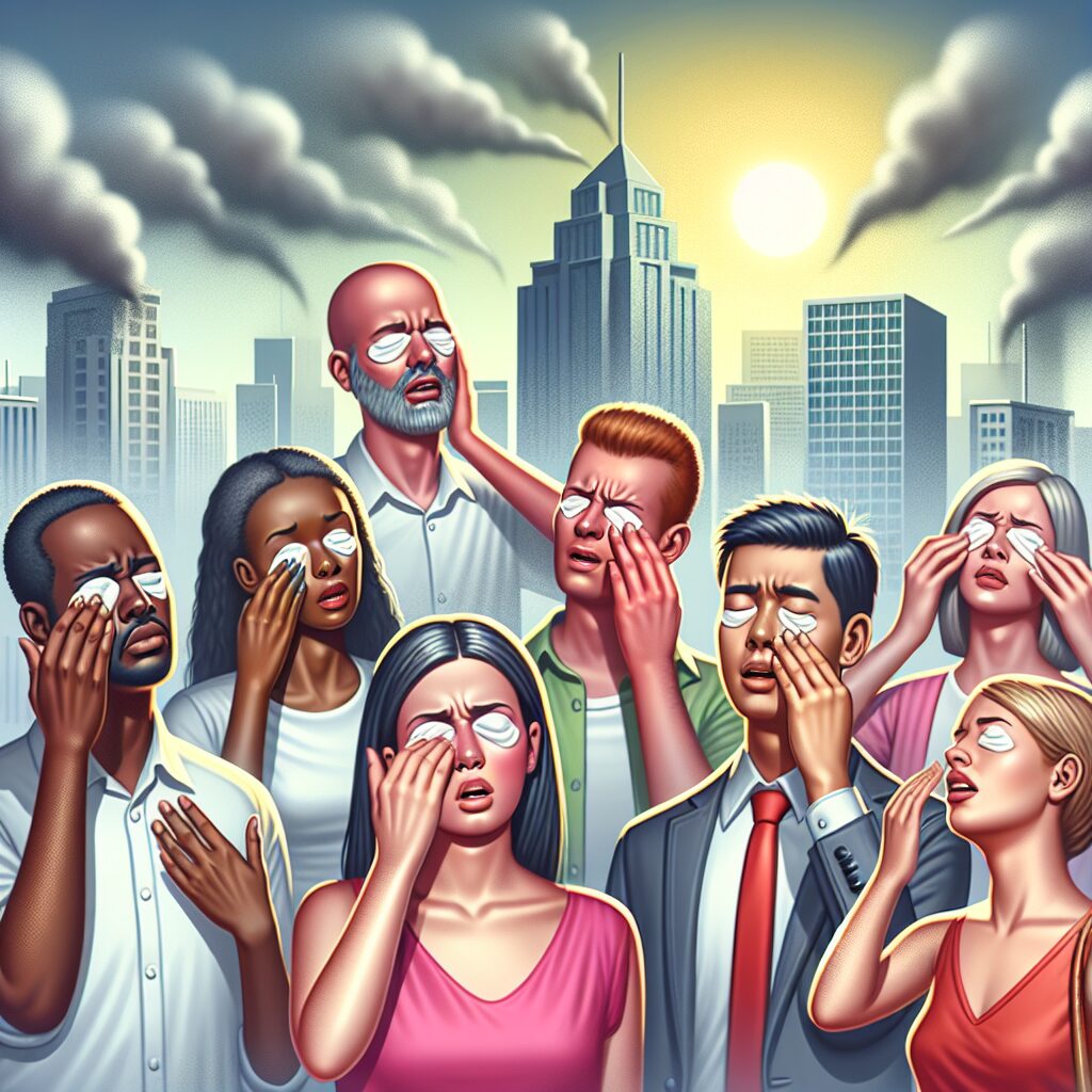 Illustration de personnes souffrant de picotements oculaires dans un environnement urbain durant une journée caniculaire, avec un ciel brumeux représentant la pollution et des bâtiments en arrière-plan, style réaliste.