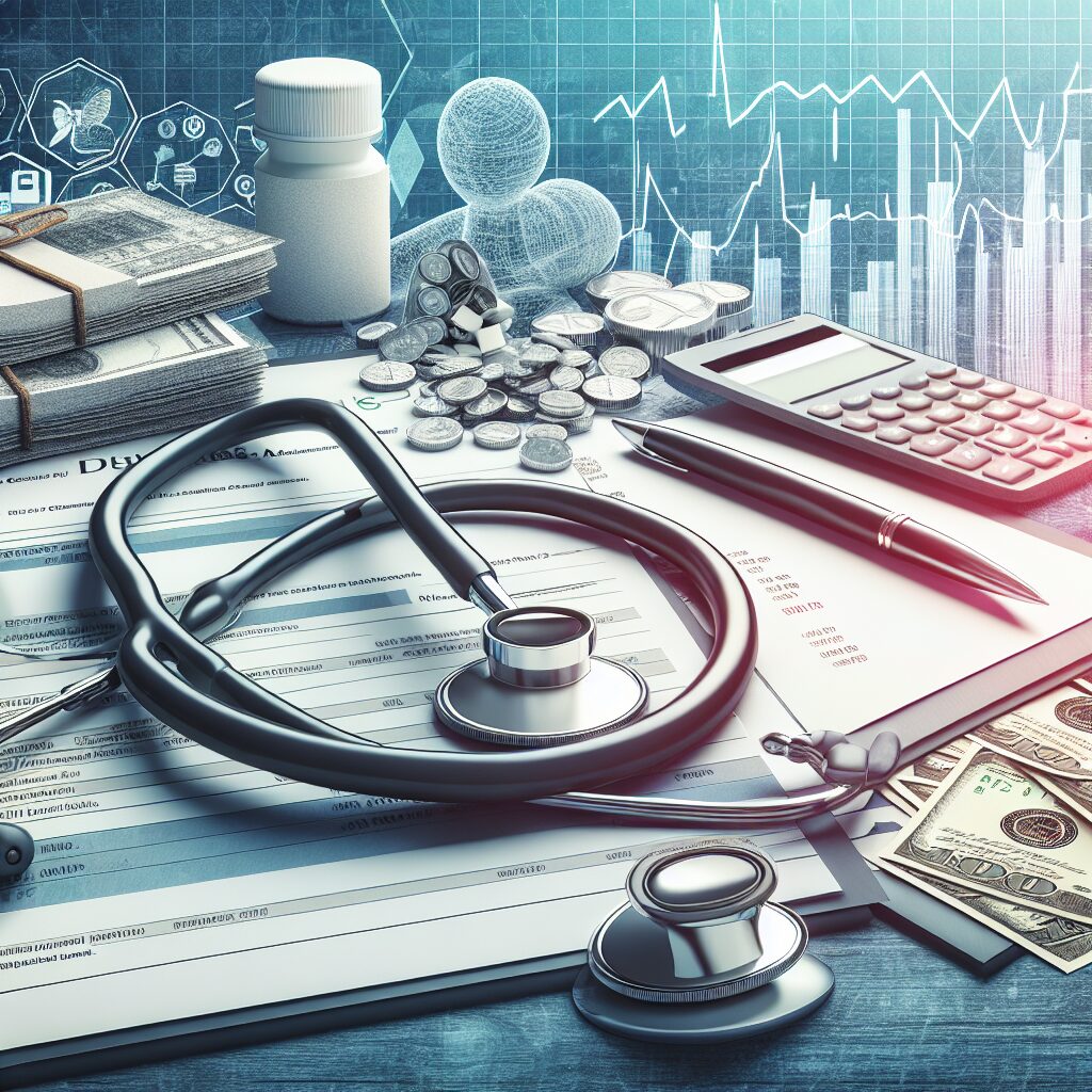 Une illustration représentant un bureau de médecin avec un stéthoscope, des documents financiers sur le bureau, symbolisant le déficit de l'Assurance Maladie. Éléments médicaux et graphiques économiques en arrière-plan.