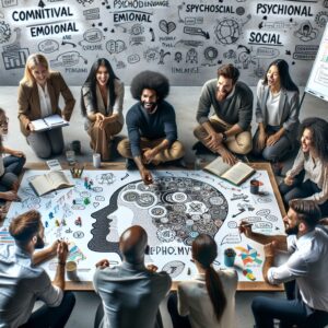 An educational setting where diverse trainers engage in a workshop with interactive activities and discussions, symbolizing the development of psychosocial skills. The atmosphere is collaborative and dynamic, reflecting a focus on cognitive, emotional, and social skills enhancement.