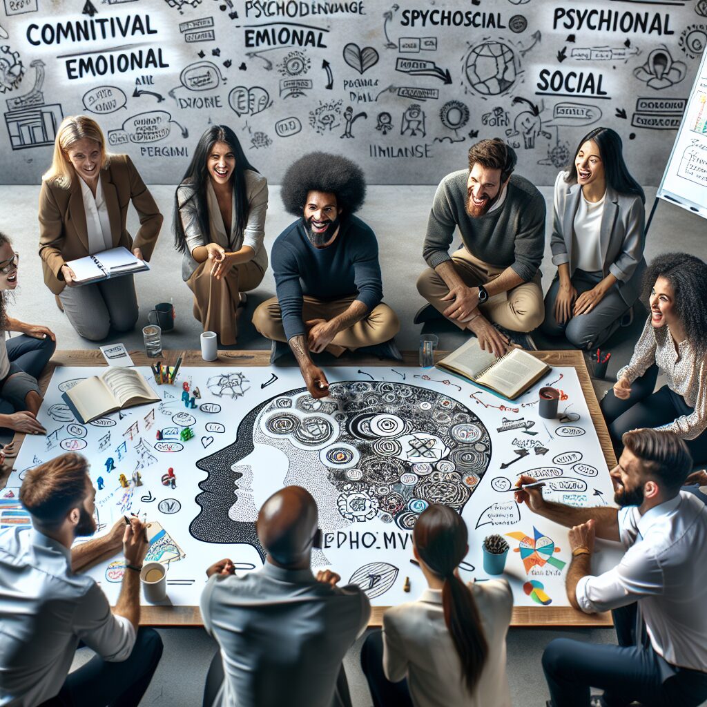 An educational setting where diverse trainers engage in a workshop with interactive activities and discussions, symbolizing the development of psychosocial skills. The atmosphere is collaborative and dynamic, reflecting a focus on cognitive, emotional, and social skills enhancement.