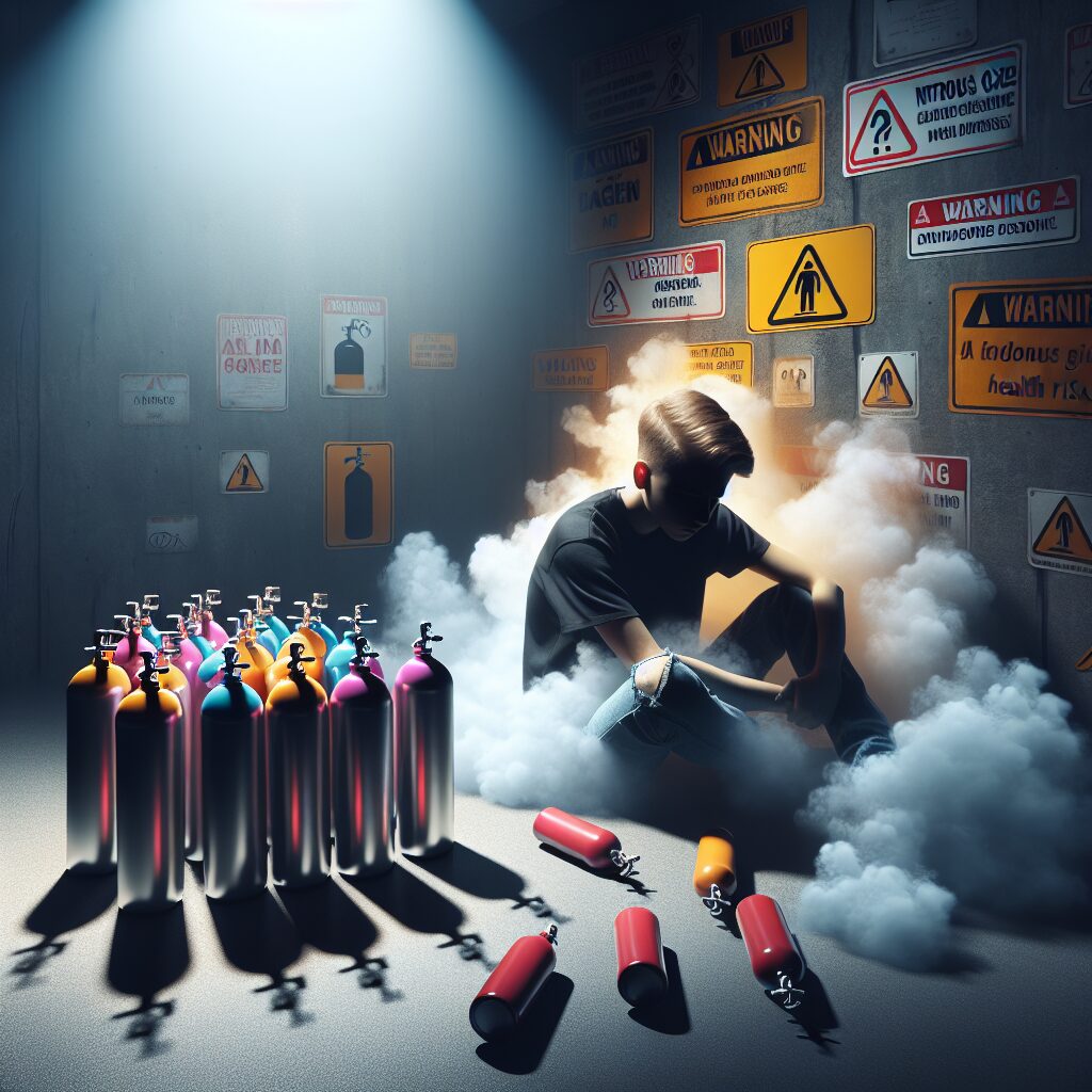 A representation of nitrous oxide misuse showing a young person surrounded by colorful nitrous oxide canisters, with a shadowy backdrop symbolizing the health risks. The image should highlight a sense of caution and danger, with warning signs subtly integrated.