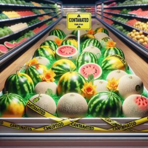 A picture showing a variety of melons displayed in a supermarket, with a caution tape indicating 'Contaminated' placed around them. The melons are clearly marked as coming from Spain and show signs of a health hazard due to high pesticide levels.