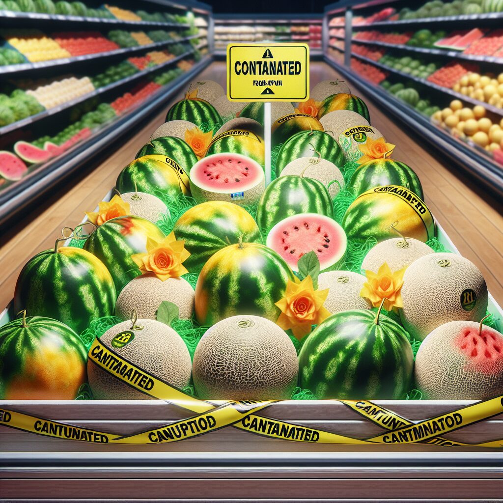 A picture showing a variety of melons displayed in a supermarket, with a caution tape indicating 'Contaminated' placed around them. The melons are clearly marked as coming from Spain and show signs of a health hazard due to high pesticide levels.