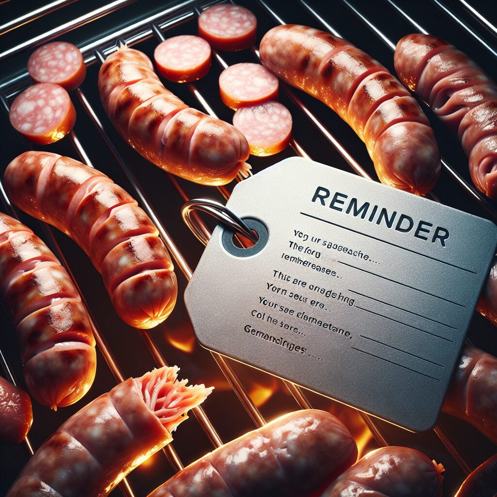 Une photo détaillée montrant des saucisses sur une grille de barbecue, avec des étiquettes de rappel et des morceaux de cartilage visibles entre les saucisses, sous un éclairage de cuisine lumineuse.