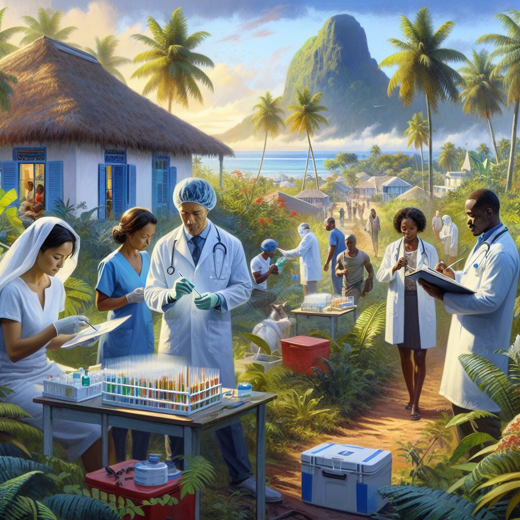 A tropical setting depicting a vigilant public health scenario in La Réunion, focusing on community efforts to combat mosquito-borne diseases, with visual elements of mosquitoes and healthcare workers.