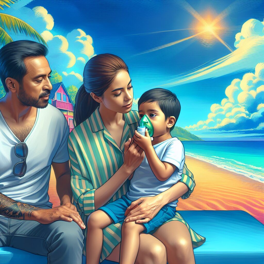 A relaxing summer scene with a family on vacation, where a young child is using an inhaler, and the parents are attentively looking at the child. In the background, there's a sunny beach with a bright blue sky to portray a calm and healthy environment.