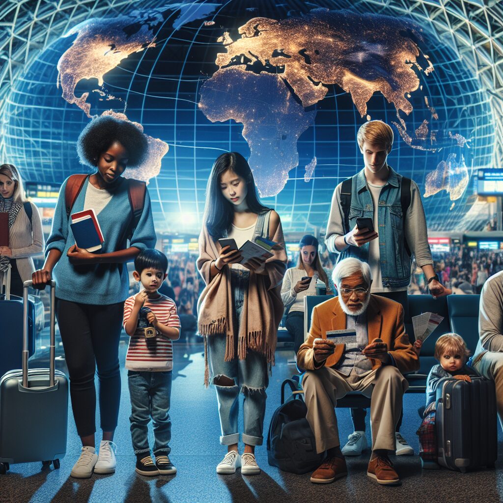 A diverse group of travelers at an international airport, each holding passports and travel documents, some checking a digital health pass, with an illuminated world map in the background depicting various travel destinations.