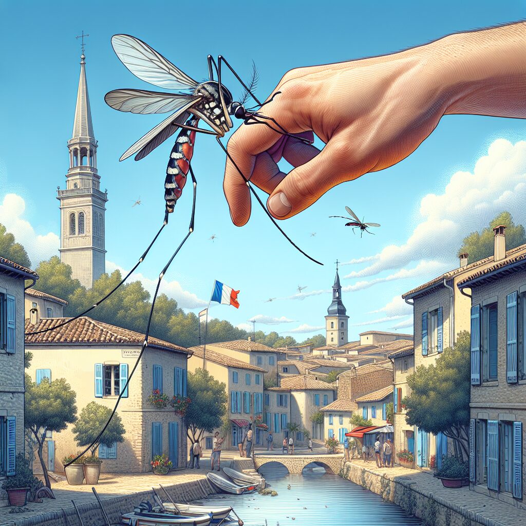 A detailed illustration of the Aedes albopictus mosquito, commonly known as the tiger mosquito, transmitting the chikungunya virus in a French suburban environment. The scene should capture the mosquito in action, biting a human arm, under a clear blue sky, with a background of typical Southern France architecture.