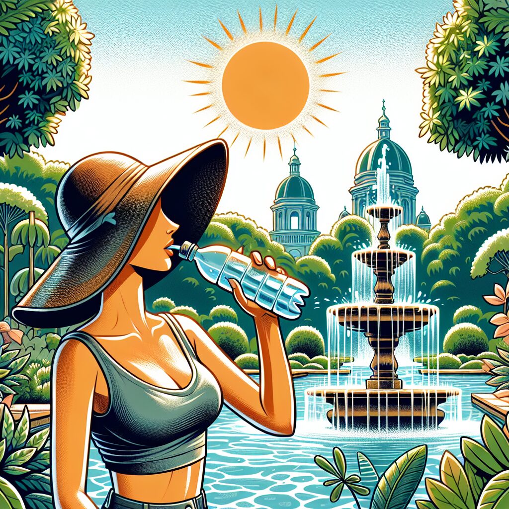 A scene depicting the scorching summer heat, with a person staying hydrated and wearing a sun hat, in a park with sunny skies above and water elements like a fountain nearby, illustrating the importance of hydration and sun protection.