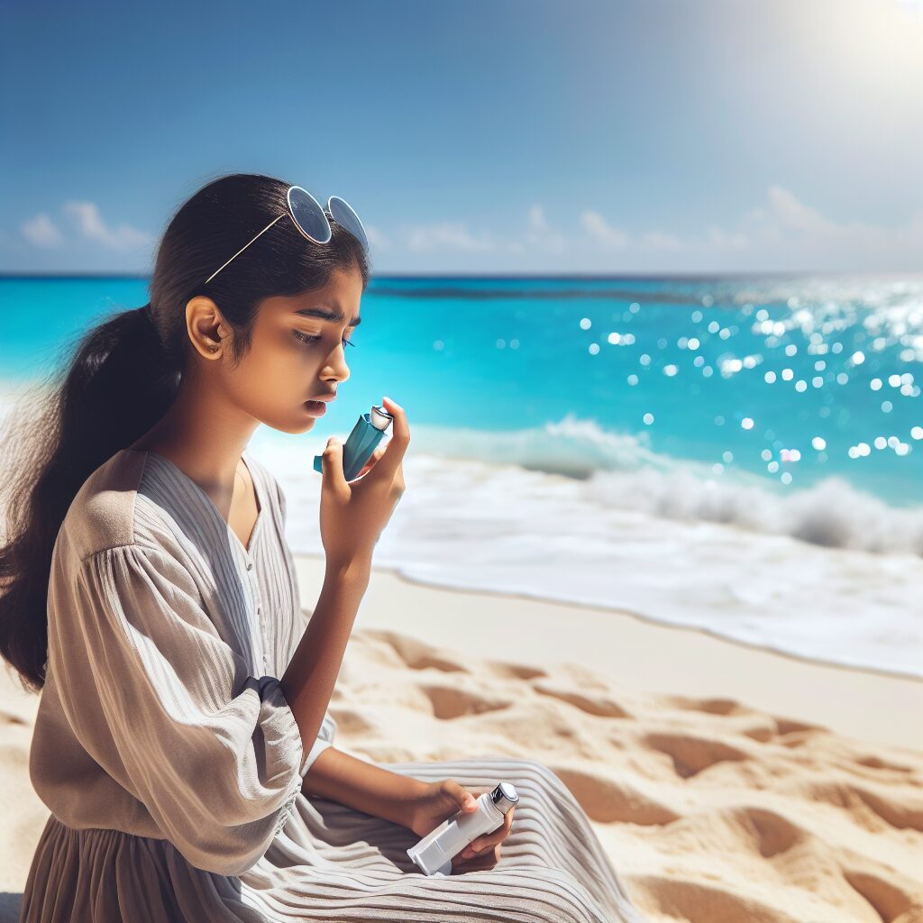 A child using an inhaler at the beach, with a sunny sky and waves in the background, to emphasize the importance of asthma treatment during vacations.