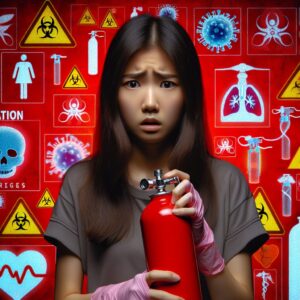 A warning image depicting the dangers of nitrous oxide misuse, showing a young adult with a concerned expression, holding a nitrous oxide canister. The background is a cautionary red with medical symbols, symbolizing health risks.