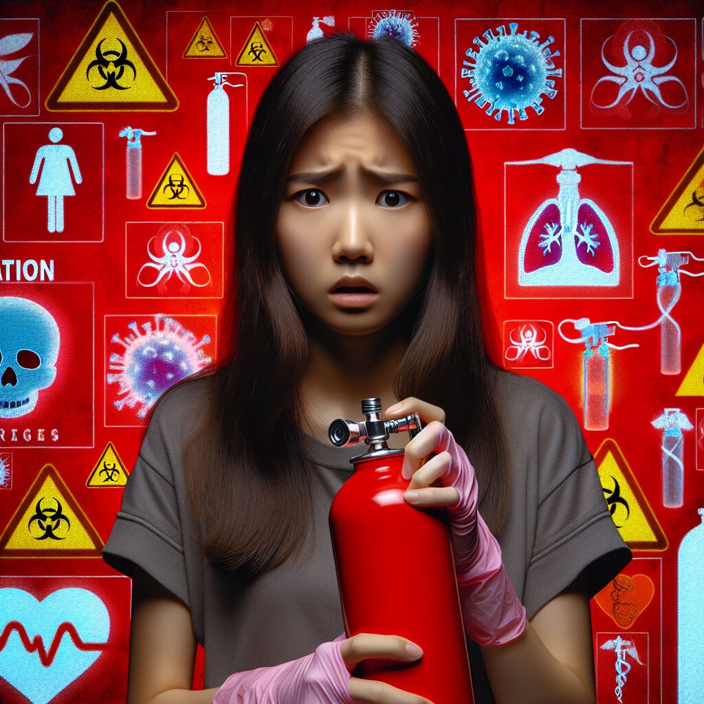 A warning image depicting the dangers of nitrous oxide misuse, showing a young adult with a concerned expression, holding a nitrous oxide canister. The background is a cautionary red with medical symbols, symbolizing health risks.