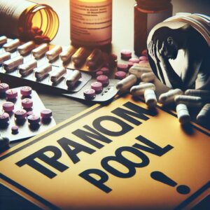 An informative image showing tramadol pills with a warning sign, emphasizing the risk of addiction. Background showing a cautionary atmosphere, possibly with a silhouette of a person holding their head in pain, illustrating misuse in treating migraines.